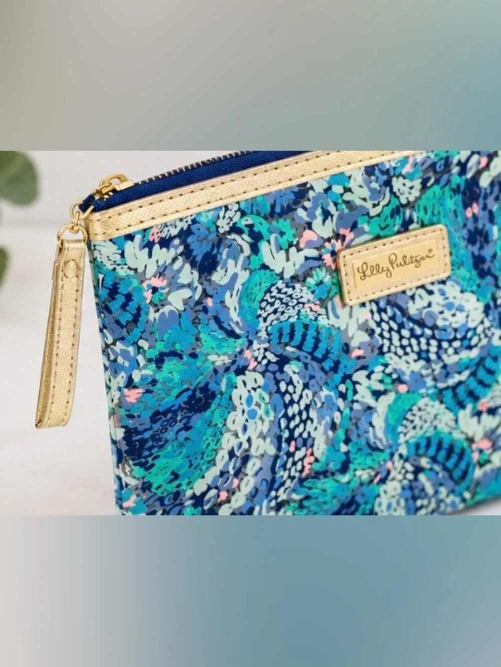 Lilly Pulitzer Teal & Blue Floral Zip Cosmetic Pouch with Gold Trim